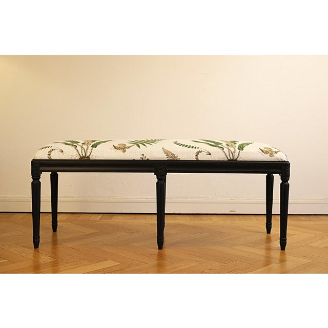 Gustavian bench in black lacquer & Ferns fabric by GP & J Baker designed in the 1920s. An elegant Gustavian-style bench,...