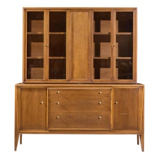 Mount Airy Facade Mid Century Walnut and Brass Credenza and Hutch For Sale