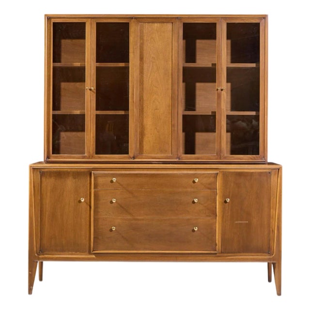 Mount Airy Facade Mid Century Walnut and Brass Credenza and Hutch For Sale