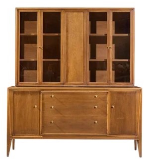 Mount Airy Facade Mid Century Walnut and Brass Credenza and Hutch