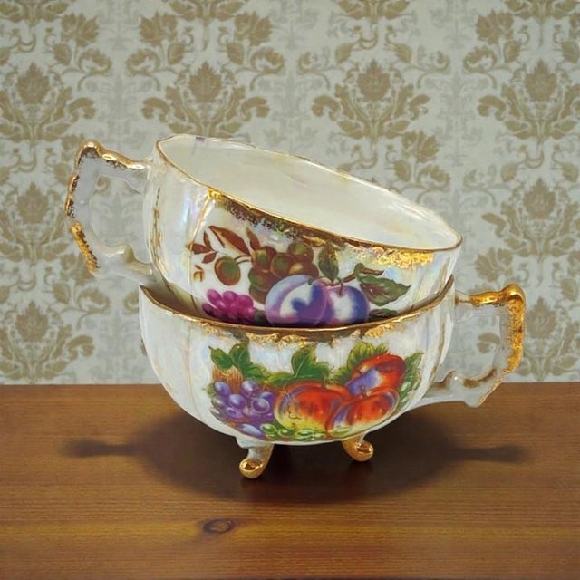 Pair of Kasuga Footed Iridescent Gilded Teacups (Handles, Fruit Design, Lusterware) Vintage For Sale - Image 16 of 16