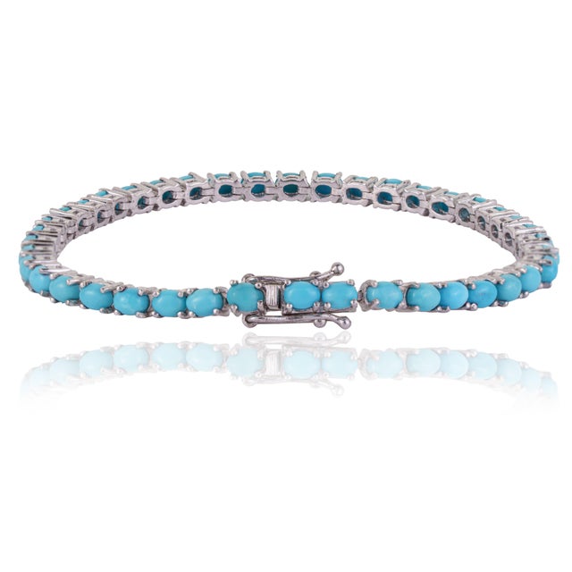 Not Yet Made - Made To Order Handcrafted Vibrant Oval Cut 7.28 Ct Blue Turquoise Tennis Bracelet - December Birthstone Gift For Sale - Image 5 of 12