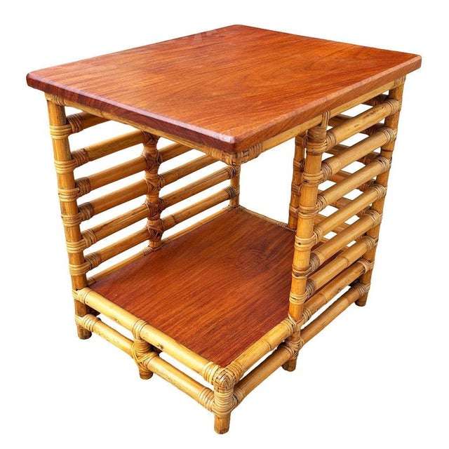 1950s Restored Rattan "Jacob's Ladder" Storage Side Table With Mahogany Top For Sale - Image 11 of 11