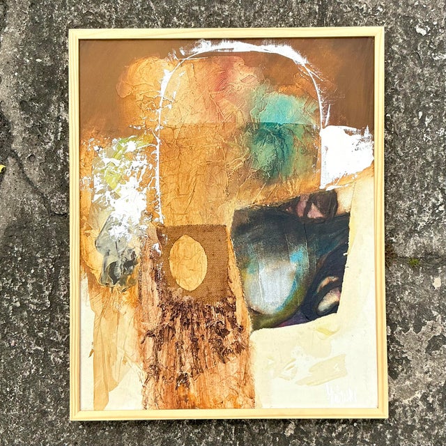 Late 20th Century Vintage Boho Original Mixed Media Painting on Canvas For Sale - Image 5 of 6