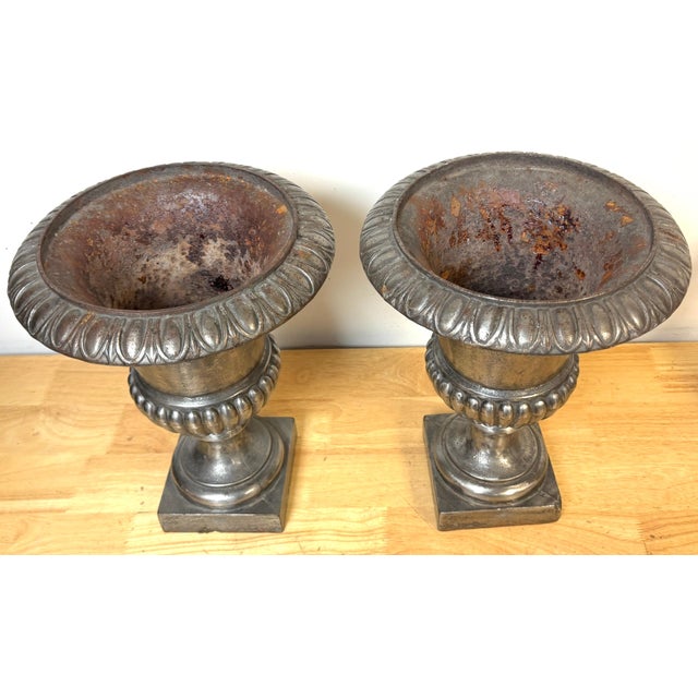 Pair of English Regency Silvered Cast Iron Egg-and-Dart Urns, Early 19th Century For Sale - Image 11 of 12