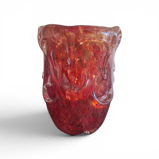 Art Glass Murano Ruby Red Rubino Vase with Bullicante, Aventurina Gold Dust and Applied Morise, Italy, 1950s For Sale - Image 6 of 6
