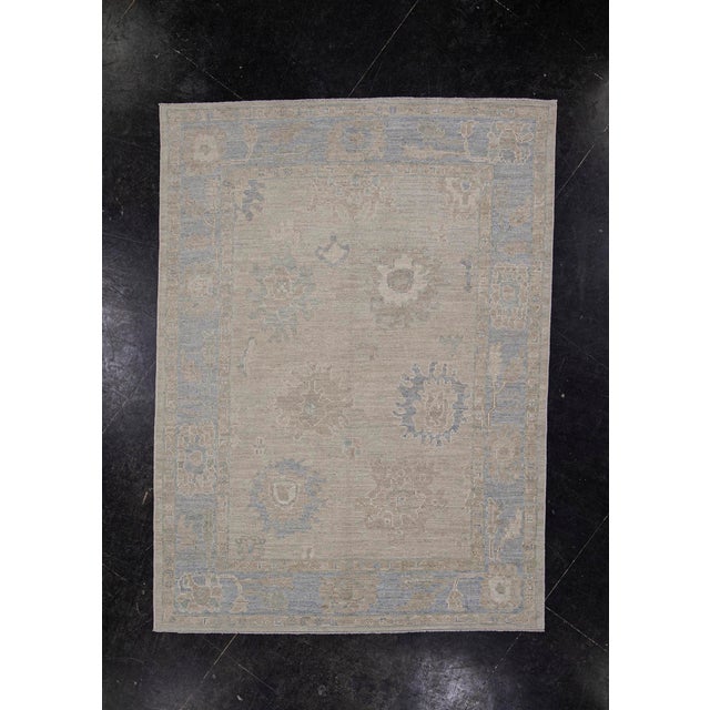 Turkish Oushak Rug Taupe, Beige & Blue Handwoven Wool Rug 5'2" X 7' For Sale - Image 9 of 9