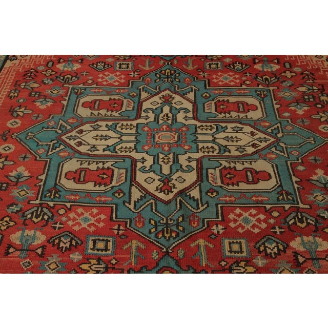 Red Vintage Bessarabian Kilim in Red With Blue Medallion Floral Pattern For Sale - Image 8 of 9