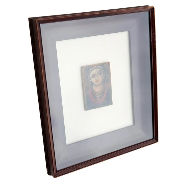 Original oil painting mounted on linen & place in antique Empire period shadowbox mahogany frame. Unknown naive painting...