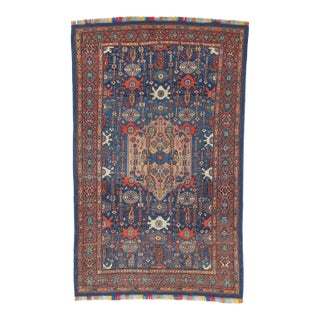 Antique Senneh Rug with Multicolored Silk Warp, Handmade, Ivory, Red, Light Blue For Sale