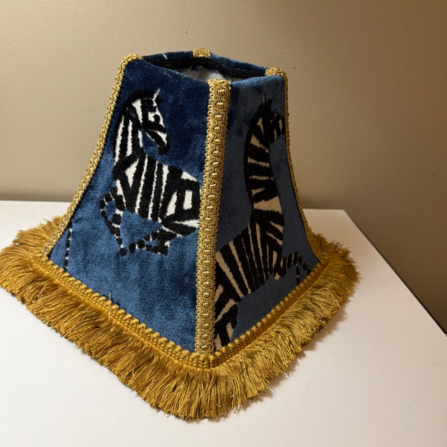 2020s Custom Sapphire Blue Velvet Zebra Lampshade With Gold Trim and Brush Fringe (Uno Fitter) For Sale - Image 5 of 5