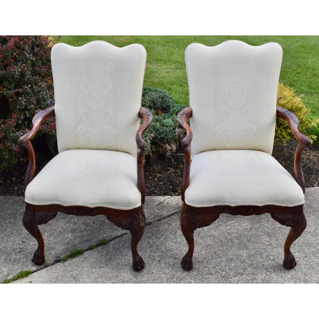 Vtg. Pair of Carved Mahogany Federal Style Arm Chairs With Claw Feet For Sale - Image 4 of 18