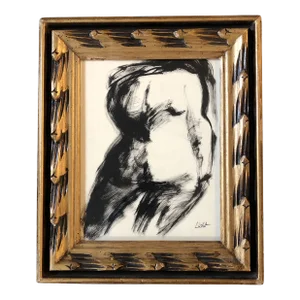 1980’s Vintage Original Abstract Female Nude Painting Vintage Carved Wood Frame Signed