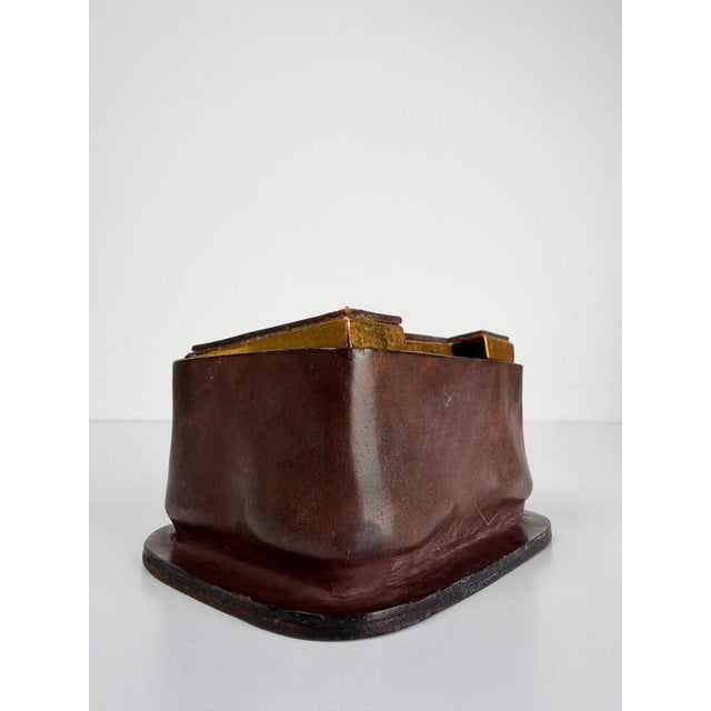 Vintage Italian Leather and Gilt Aluminum Cigarette Dispenser Box in the style of Jacques Adnet, 1950s For Sale - Image 16 of 18