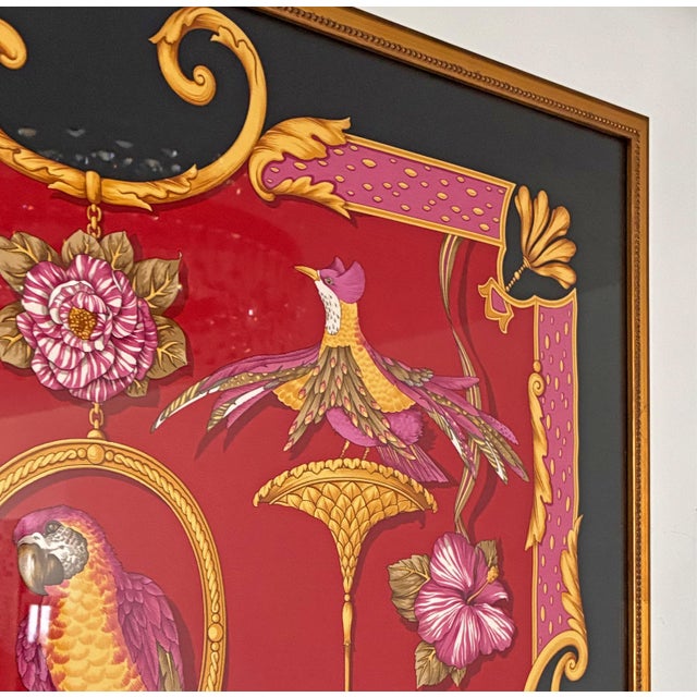 1980s Framed Salvatore Ferragamo Silk Scarf, Exotic Birds & Monkeys Maximalist Wall Art, Luxury Italian Fashion Decor, 37x37 Statement Home Decor For Sale - Image 5 of 6