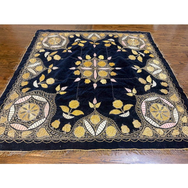 Up for sale is a lovely antique handmade metal threaded embroidered Turkish tablecloth tapestry. This unique square...