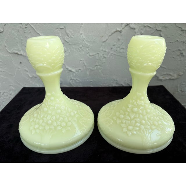 Vintage Fenton Orange Tree Blossom Custard Glass Candlesticks – Pair – Uv Reactive Vaseline Glass For Sale In Orlando - Image 6 of 10