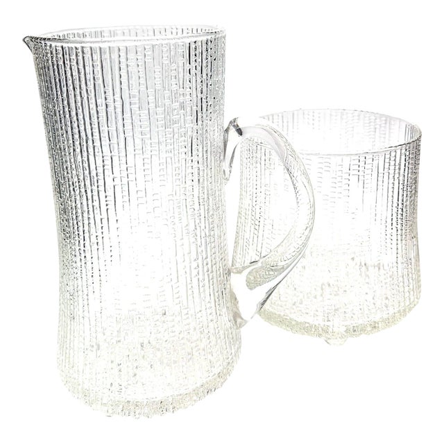 Vintage Tapio Wirkkala "Ultima Thule" Glass Pitcher and Ice Bowl Bucket Designed for Iittala, Set of 2 Pieces For Sale