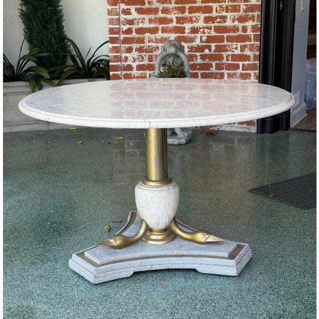 1950s Italian Neoclassical Hollywood Regency Marble Table Brass Swan Base For Sale - Image 5 of 5