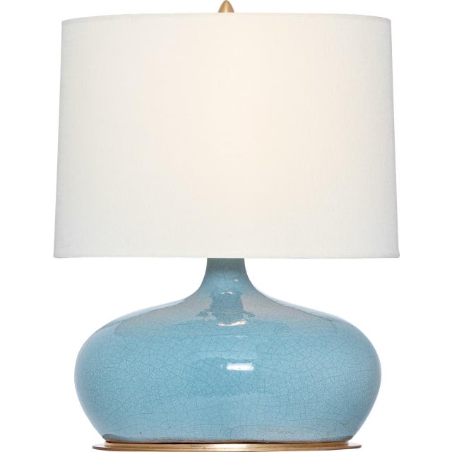 Transitional Thomas O'Brien by Visual Comfort Signature Olinda 17" Low Table Lamp in Crackled Robin with Linen Shade For Sale - Image 3 of 3