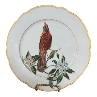 KPM Hand-Painted Cardinal Porcelain Plate, Signed S. Lindenman, Gilt Rim For Sale