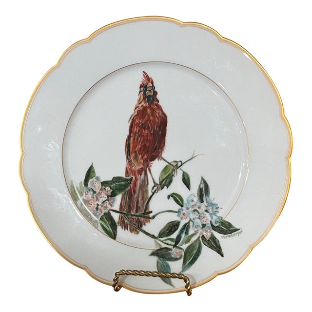 KPM Hand-Painted Cardinal Porcelain Plate, Signed S. Lindenman, Gilt Rim For Sale