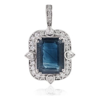 Victorian 3.4ct Blue Sapphire & Diamond Pendant in 14k White Gold For Sale