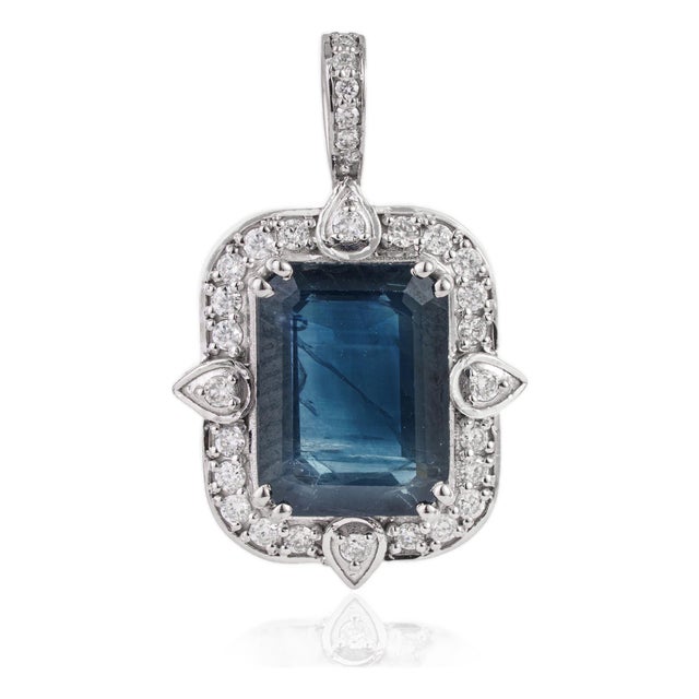 Victorian 3.4ct Blue Sapphire & Diamond Pendant in 14k White Gold For Sale