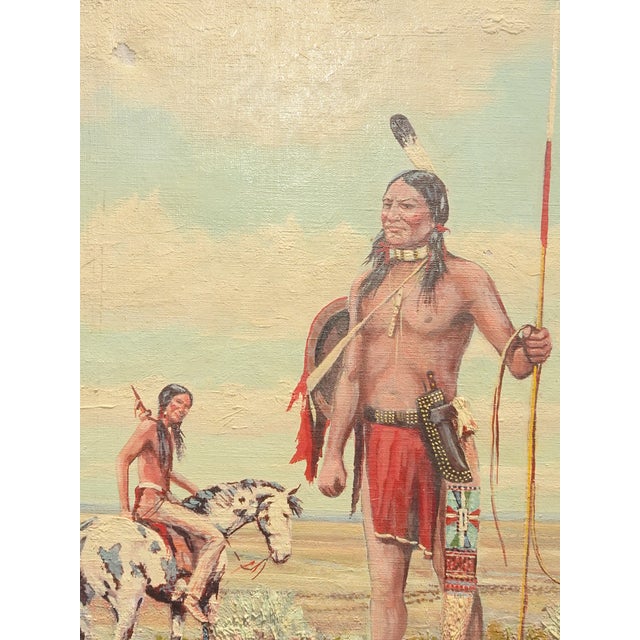 Textile VTG American Indians W Horses Oil Painting Picture Signed W Horse Monogram Fabri For Sale - Image 7 of 15