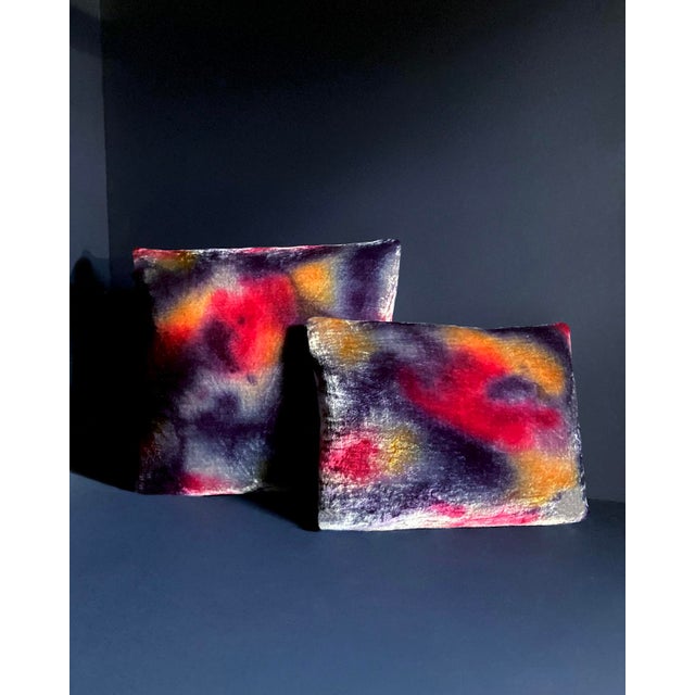 A vibrant silk velvet throw pillow dyed with Navy, Magenta, Ochre and Gray in an abstract pattern with gray linen backing....