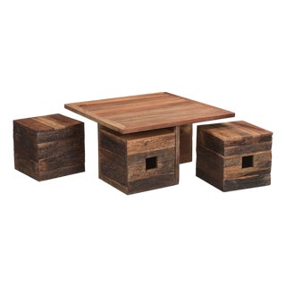 1990s Solid Wood Square Coffee Table With Pull Out Seating Stools For Sale
