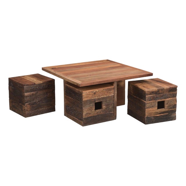1990s Solid Wood Square Coffee Table With Pull Out Seating Stools For Sale