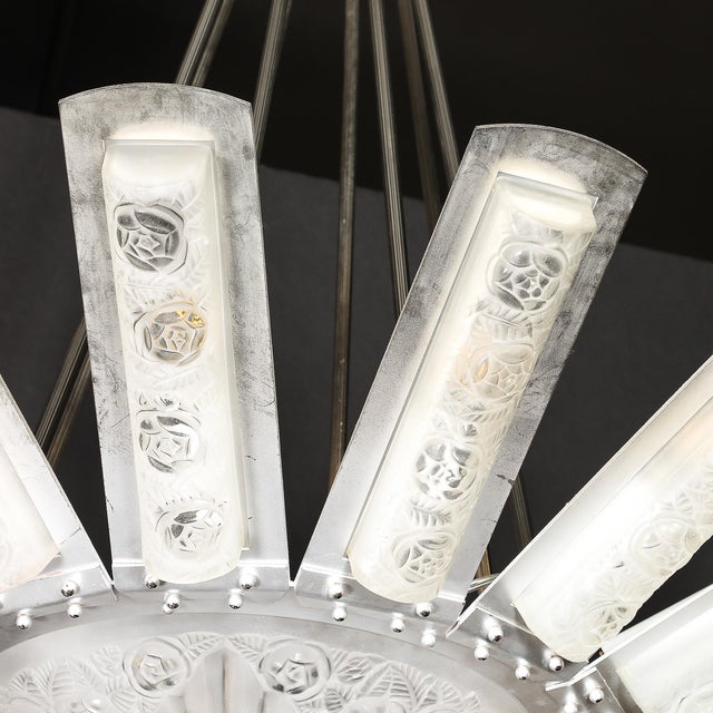 Art Deco Geometric Frosted Glass & Nickeled Starburst Chandelier Signed Degué For Sale - Image 15 of 18