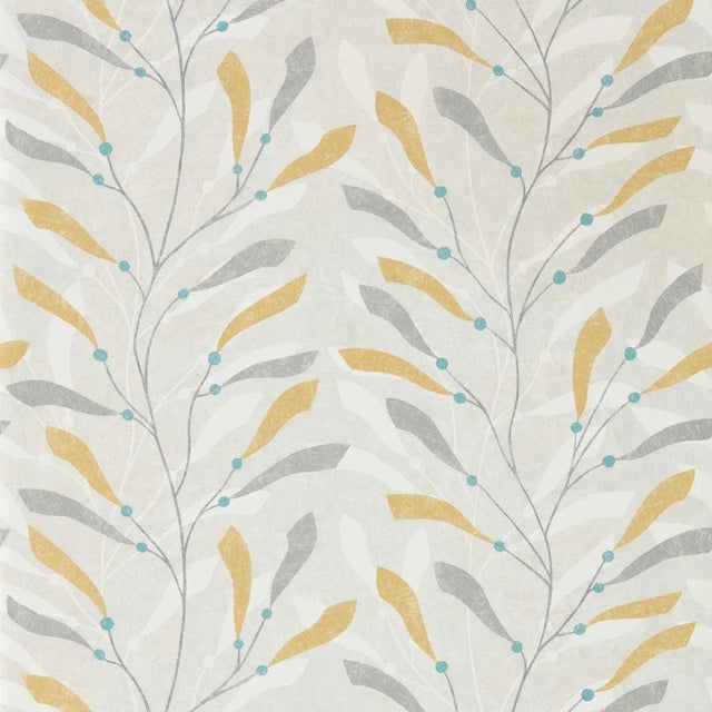 Sanderson “Sea Kelp” Wallpaper – 4 Double Rolls – Coastal Botanical in Yellow, Gray & Aqua For Sale