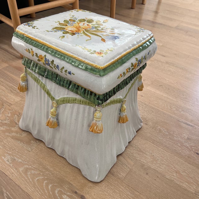 1970s Handpainted Italian Terracotta Side Table Garden Stool Featuring Tassels and Flowers For Sale - Image 11 of 12