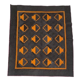 Early 20Thc Amish Black Cotton Sateen W/ Wool Pumpkin Baskets Quilt From Ohio For Sale