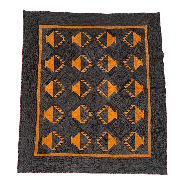 Early 20Thc Amish Black Cotton Sateen W/ Wool Pumpkin Baskets Quilt From Ohio For Sale