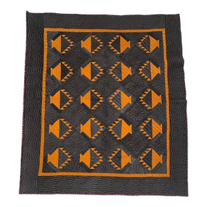 Early 20Thc Amish Black Cotton Sateen W/ Wool Pumpkin Baskets Quilt From Ohio