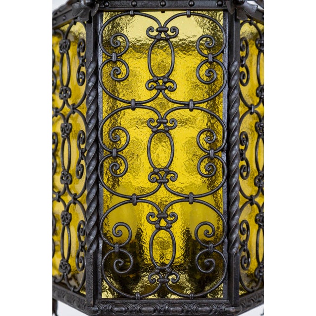 1900s Iron & Amber Glass Gothic Art Nouveau Lantern For Sale - Image 4 of 13