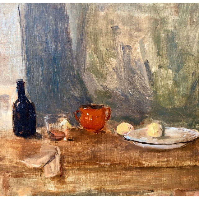 American Seymour Remenick, Seymour Remenick Still Life Table Scape Oil Painting with Bottle and Fruit For Sale - Image 3 of 6