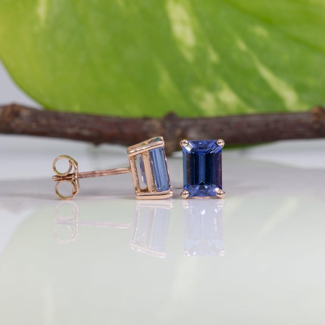 Aaa Tanzanite Solitaire Studs, Emerald Cut 7x5mm - Fine Solid 14k Gold, Pair For Sale In Columbus - Image 6 of 8