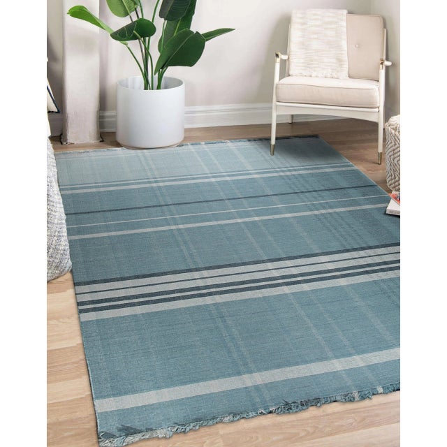 2020s 8x10 Opulent Majestic Blue Geometric Modern Flatweave Wool Carpet Rug For Sale - Image 5 of 9