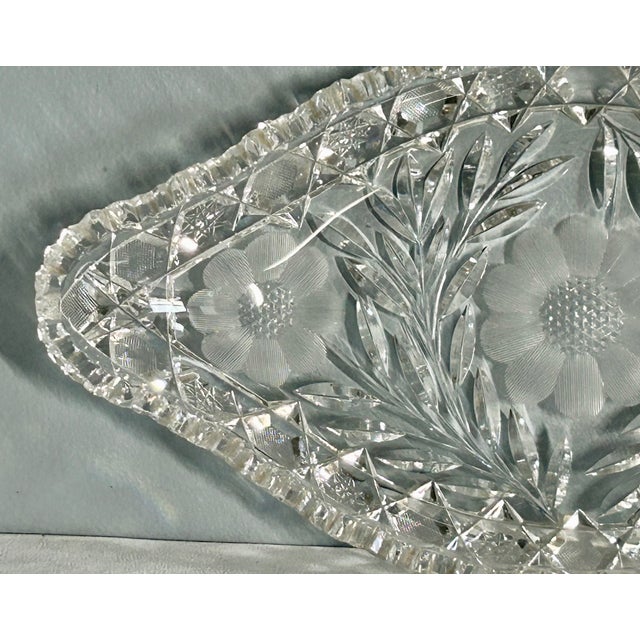 Vintage American Brilliant Period Cut Crystal Glass Oval Scalloped Edge Dish For Sale In Philadelphia - Image 6 of 16