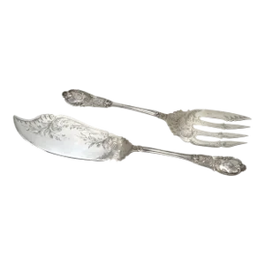 Fine Antique Germany 800 Grade Solid Coin Silver Hand Engraved Decorated Rococo Fish Serving Set