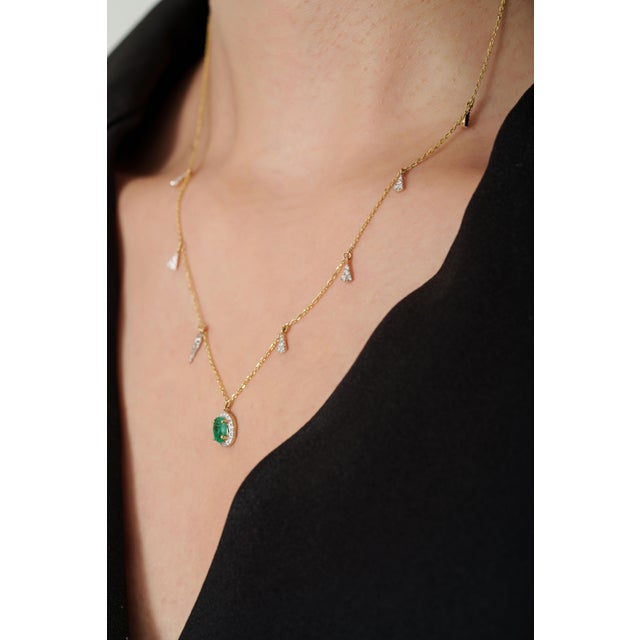 Not Yet Made - Made To Order Oval Emerald & Diamond Drop Halo Station Charm Necklace in 14k Yellow Gold For Sale - Image 5 of 13