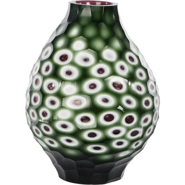 Thick glass vase with lilac opal decor showing colorful combination of green, white and purple Dimension: 9"w 9"d 11"h...