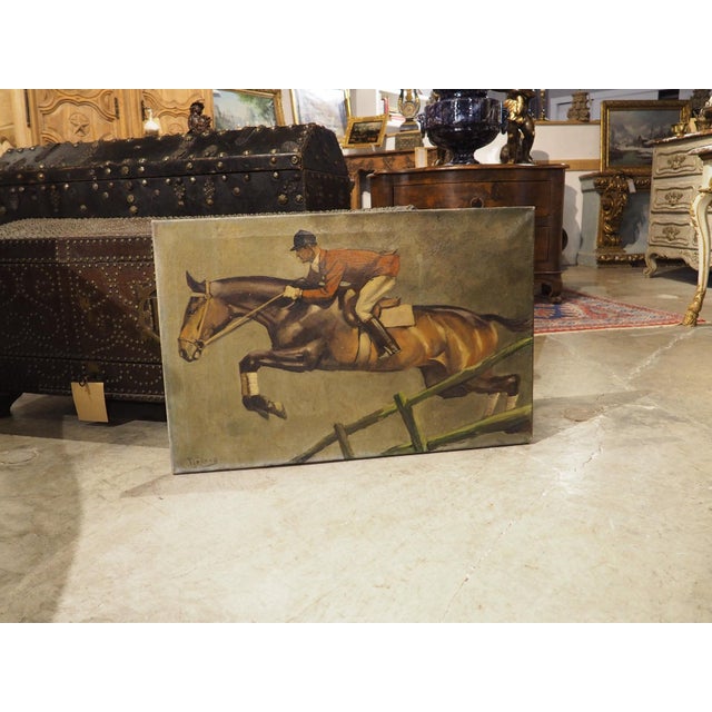 The Hunter Jumper, Early 1900s Signed European Equestrian Oil on Canvas Painting For Sale - Image 13 of 18