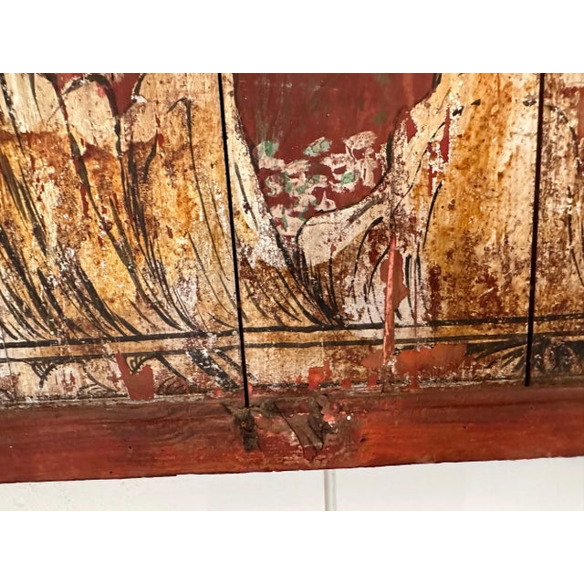 Wood Pair of Distressed Antique Chinese Hand Painted Wooden Panels For Sale - Image 7 of 13