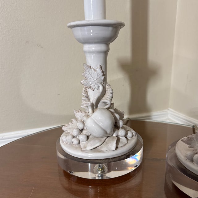 Vintage Italian White Ceramic Fruit Candlestick Table Lamps Acrylic Lucite Base - a Pair For Sale - Image 4 of 7