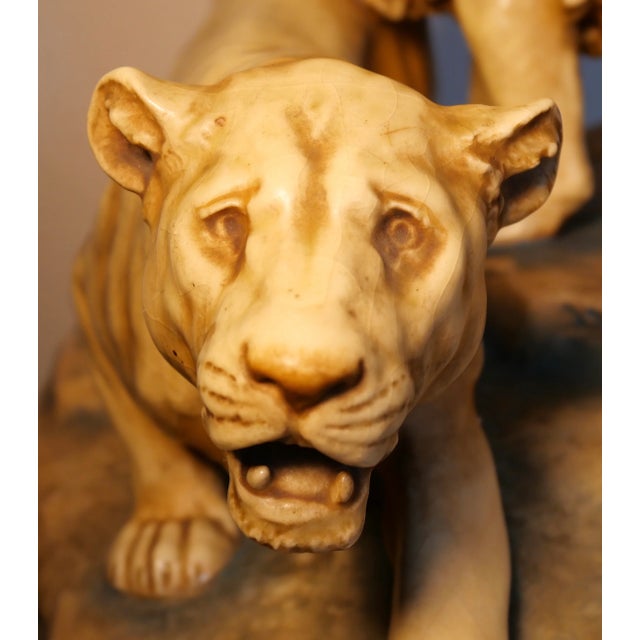 Ceramic Circa 1900 Austrian Art Nouveau Theodore Schoop for Bernard Bloch Porcelain Lion and Lioness on Rock Figural Group Sculpture For Sale - Image 7 of 12